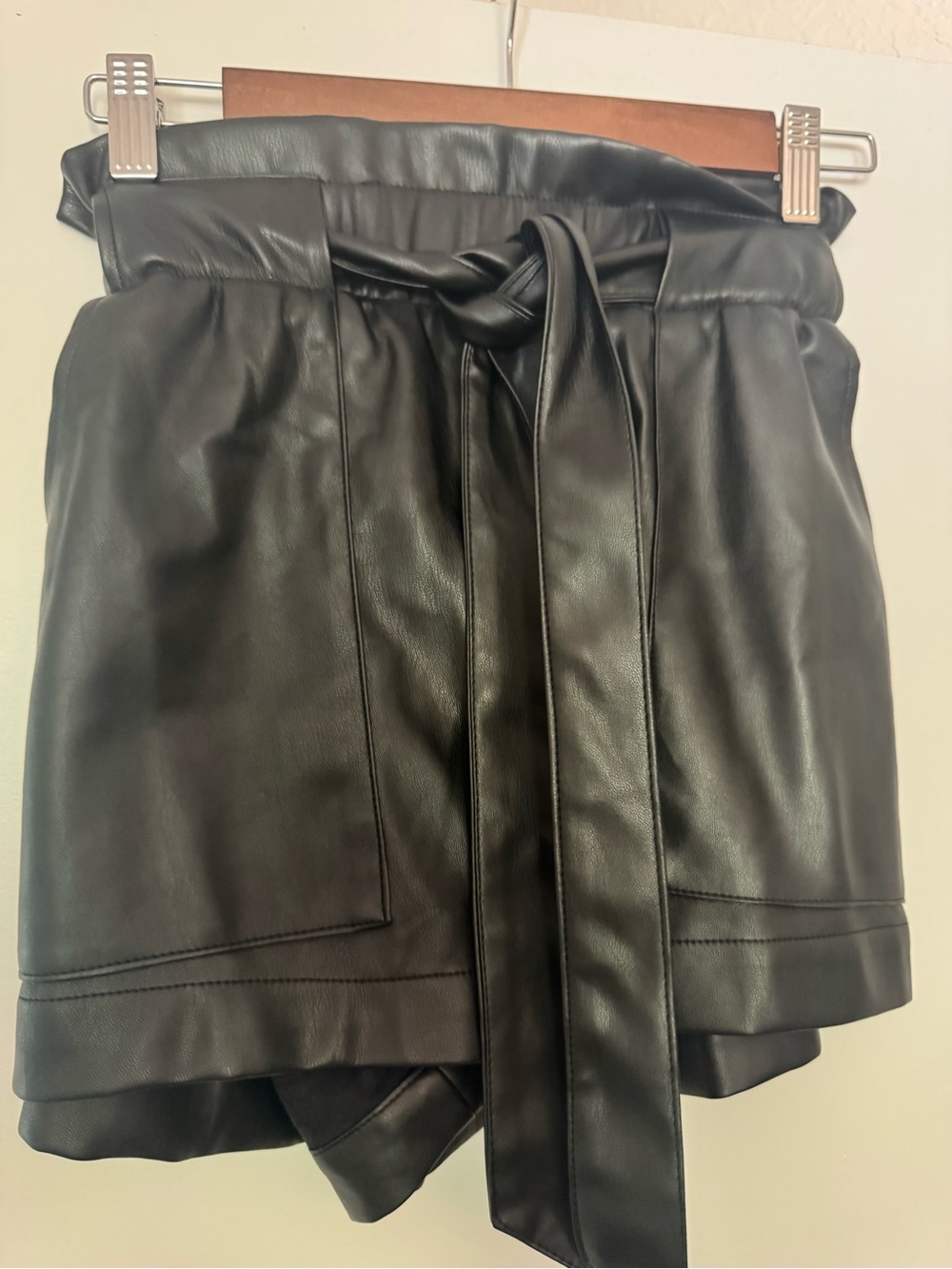 Olivaceous Black Faux Leather Paperbag Waist Shorta with Tie